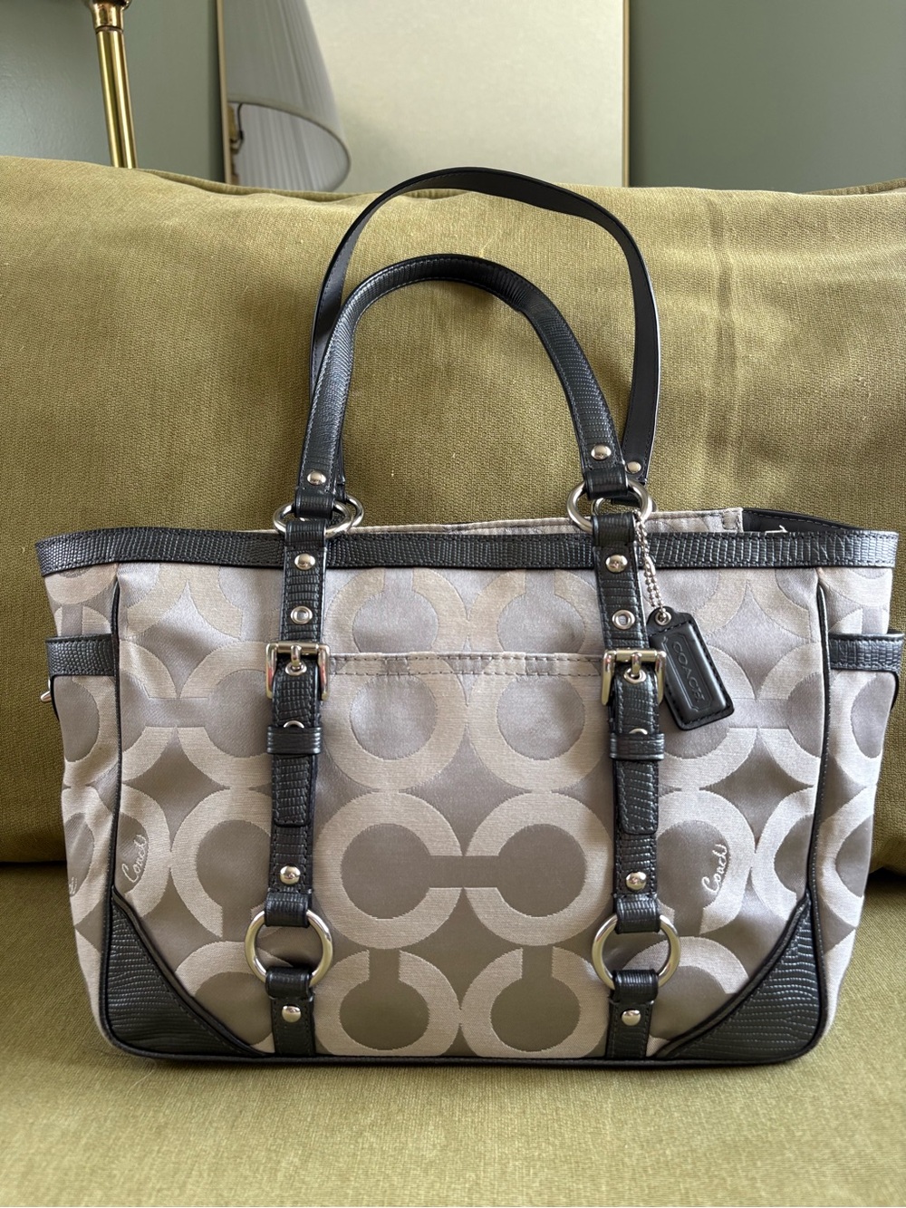 Coach Beige & Black Signature Circle Tote